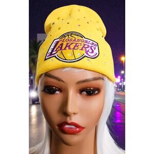 Los Angeles Lakes Yellow Beanie design with logo and‎ rhinestones